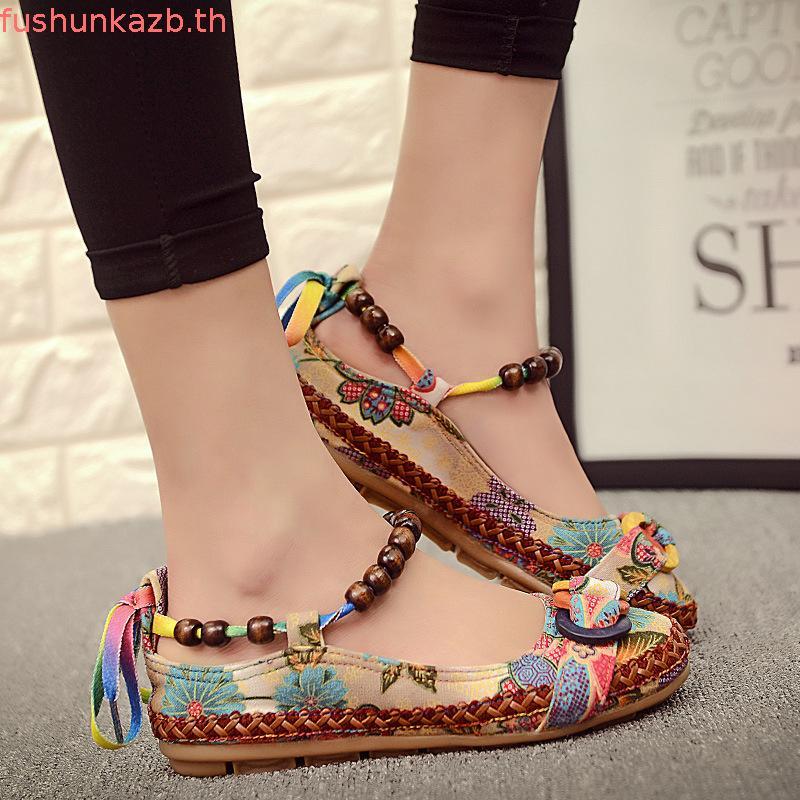 Sh9 ผู้หญิง Lace Up Beading รอบ Toe Flats รองเท้าไม่มีส้น
