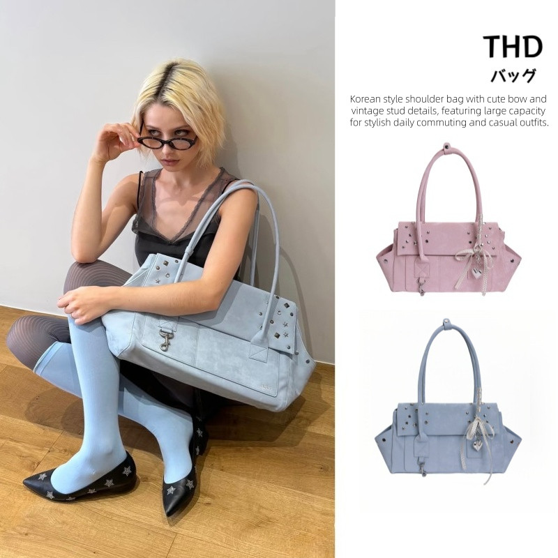 【THD】กระเป๋าสะพายไหล่สไตล์เกาหลี Y2K แต่งหมุด กระเป๋า Tote ใบใหญ่ ผู้หญิง สายหวานเท่ วินเทจ ใช้ได้ทั้งไปเรียนและทำงาน