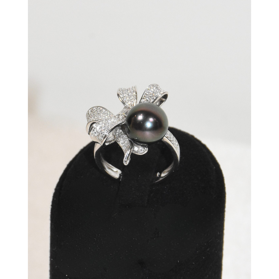 4A Tahitian Round Ring in Silver 925 White Gold Plated - Ribbon CZ - Peacock (9-10mm)