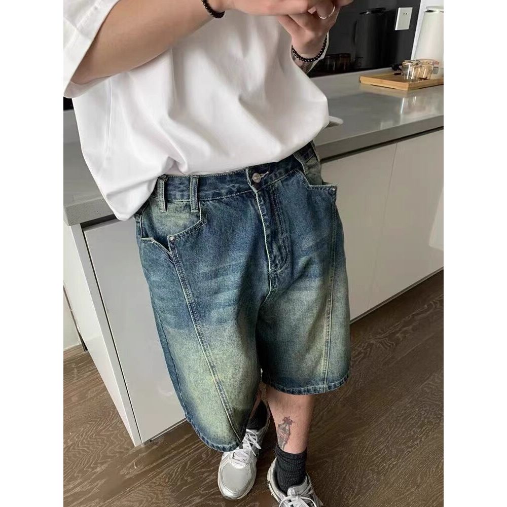 American vibe Retro Washed Distressed Denim Shorts Mens High Street Street Wear Design Loose Straigh