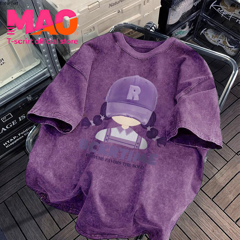 COD✅ (จัดส่งในกรุงเทพฯ) MAO Shop  เสื้อยืดแขนสั้นคอกลม🔥วินเทจฟอกน้ำ ลายพิมพ์การ์ตูนหญิง Oversized ระบายอากาศ ผ้าฝ้าย