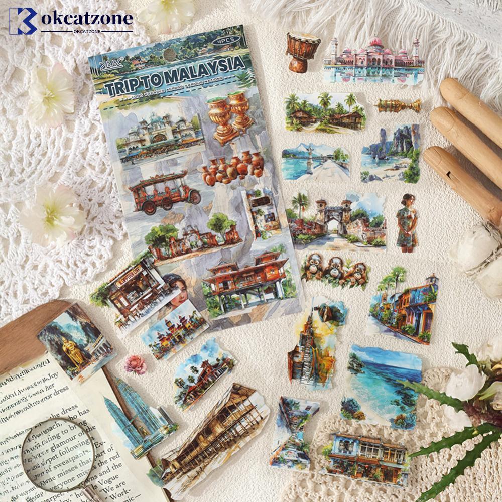 OKCATZONE 4 ชิ้นขนาดใหญ่ Nations Series Vintage World Travel PET สติกเกอร์ภูมิทัศน์ตัวอักษร Junk Jou