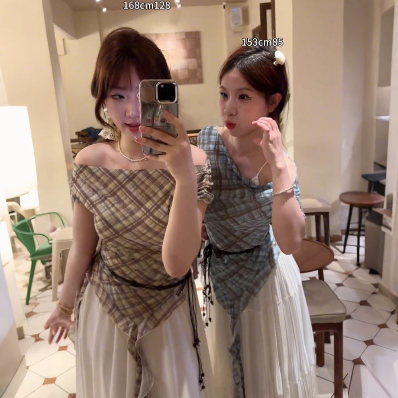 ริบบิ้นออกแบบเสื้อยืดผู้หญิง ลายสก๊อตสีสดใส แขนสั้น
