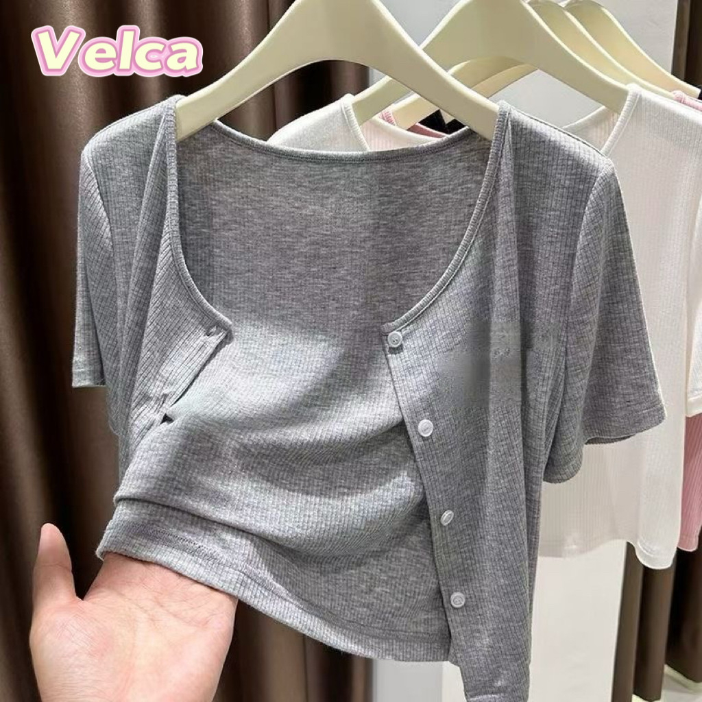 Velca ส่งไวจากไทย เสื้อแขนสั้น กระดุมหน้า ผู้หญิง ลุคสบายๆ แมทช์ง่าย มี 4 สี