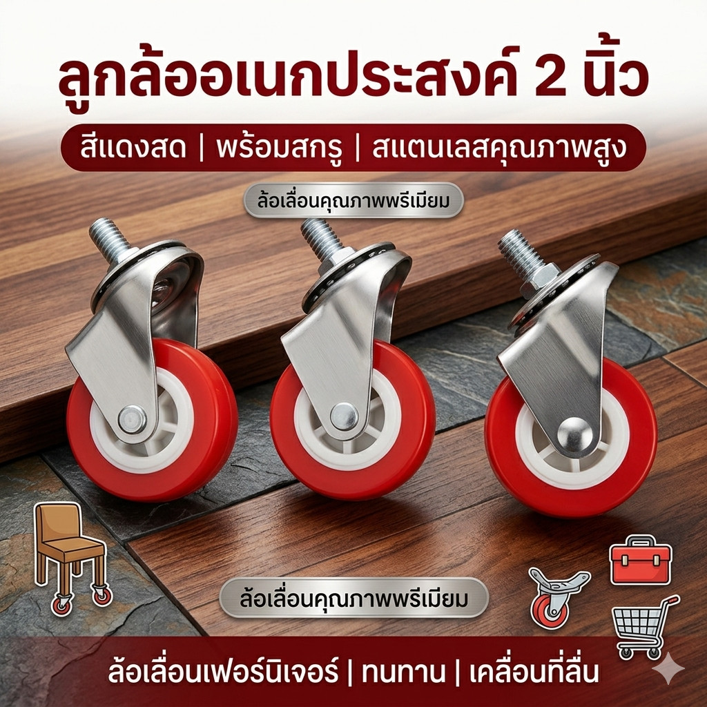 ล้อรถเข็น 2 นิ้ว พร้อมสกรู สีแดง ล้อเลื่อน ลูกล้อ ล้อแดง ล้อเลื่อน2นิ้ว (DBE209)​