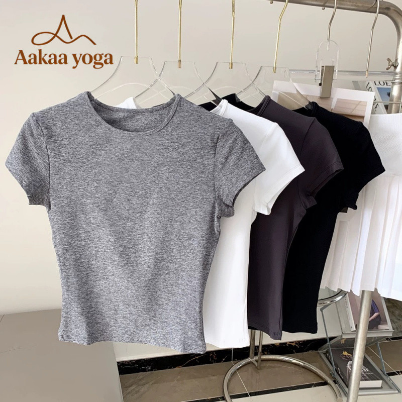 เสื้อยืดออกกำลังกายผู้หญิง ระบายอากาศดี ยับท้องรัดรูป สำหรับโยคะ、ออกกำลังกายและเทรนนิ่ง