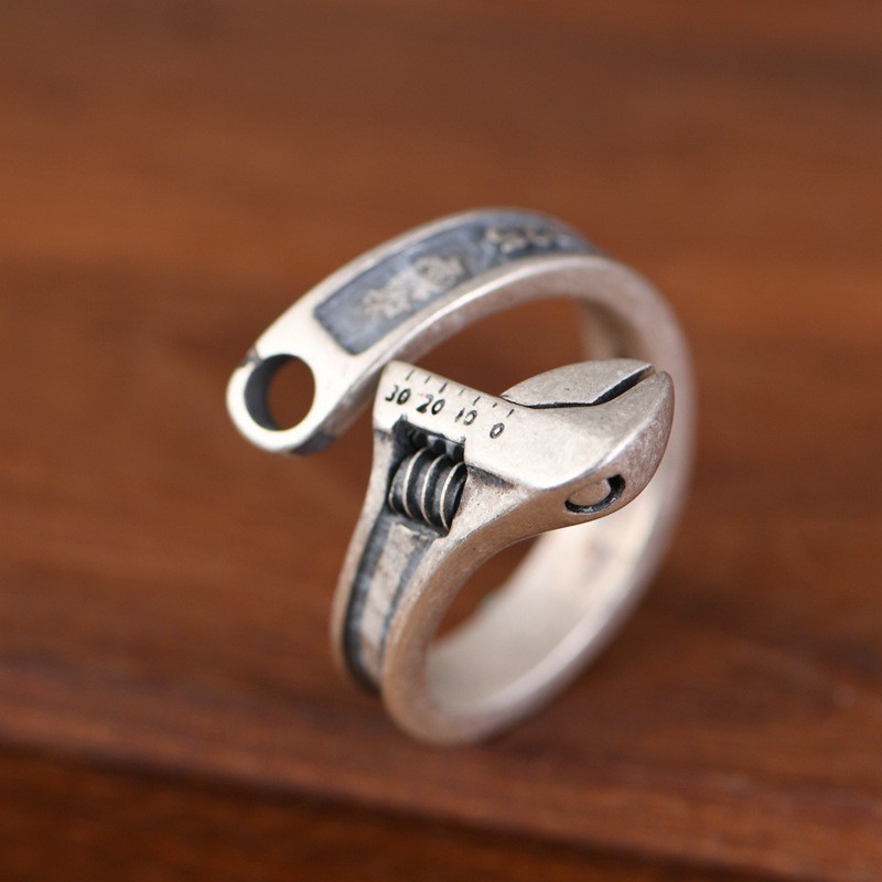 Spot Goods#Qishang Thai Silver Ring, Vintage Distressed Design for Trendy Men, Wrench and Plate Open