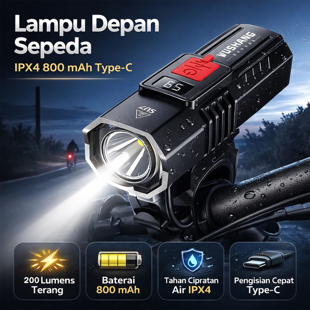 200 Lumens LED WS-SU7 Wushang IPX4 กันน้ํา 800 mAh Type-C ไฟหน้าจักรยานกลางแจ้ง
