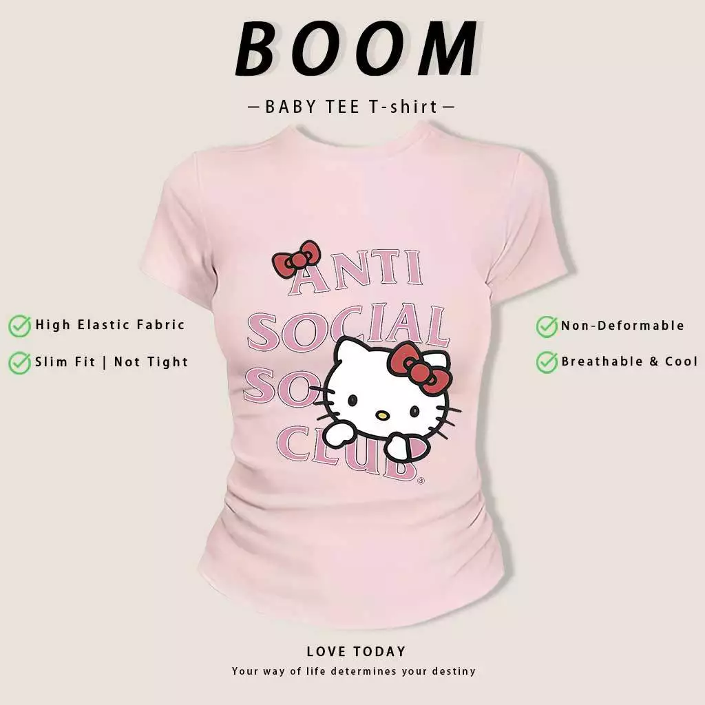 [งานเกรดพรีเมียม งานเกรด A]เสื้อสาวอวบ เสื้อครอปท็อป แขนสั้น babytee สไตล์เกาหลี y2k T-shirt ลายแมวน่ารักสีชมพูสไตล์หวาน