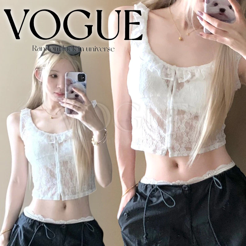 Vogue🌟พร้อมส่ง🌟 เสื้อกล้ามลูกไม้ซีทรู ติดกระดุม ผ้านุ่มลืนยืดตามตัว สไตล์เกาหลี (FY5128)