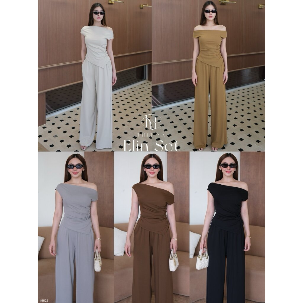 Elin Set #5522 ชุดเซ็ตเปิดไหล่ ตัวผ้าหนา นุ่ม ยืดได้เยอะ ทิ้งตัวสวย ใส่สบาย ไม่อึดอัด เก็บทรงดี thitiya