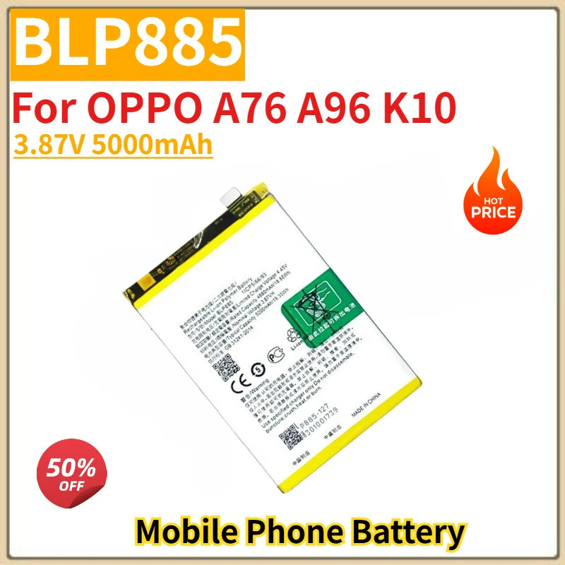 คุณภาพสูง BLP885 แบตเตอรี่โทรศัพท์มือถือ 3.87V 5000mAh สําหรับ OPPO A76 A96 K10 ยี่ห้อใหม่เปลี่ยนแบต