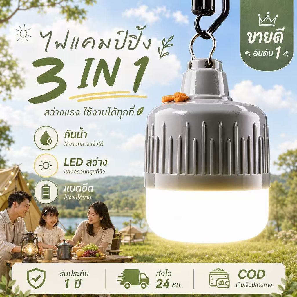 หลอดไฟ ไฟแคมป์ปิ้ง 3in1 LED แขวนได้ กันน้ำ แบตอึด สว่างแรง ใช้งานกลางแจ้งได้ ไฟฉุกเฉิน Camping Light พร้อมส่ง COD