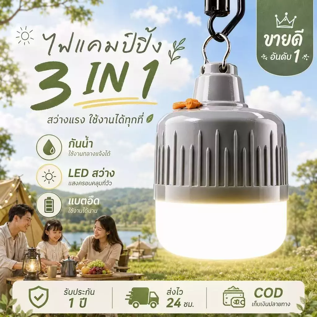 หลอดไฟ ไฟแคมป์ปิ้ง 3in1 LED แขวนได้ กันน้ำ แบตอึด สว่างแรง ใช้งานกลางแจ้งได้ ไฟฉุกเฉิน Camping Light พร้อมส่ง COD