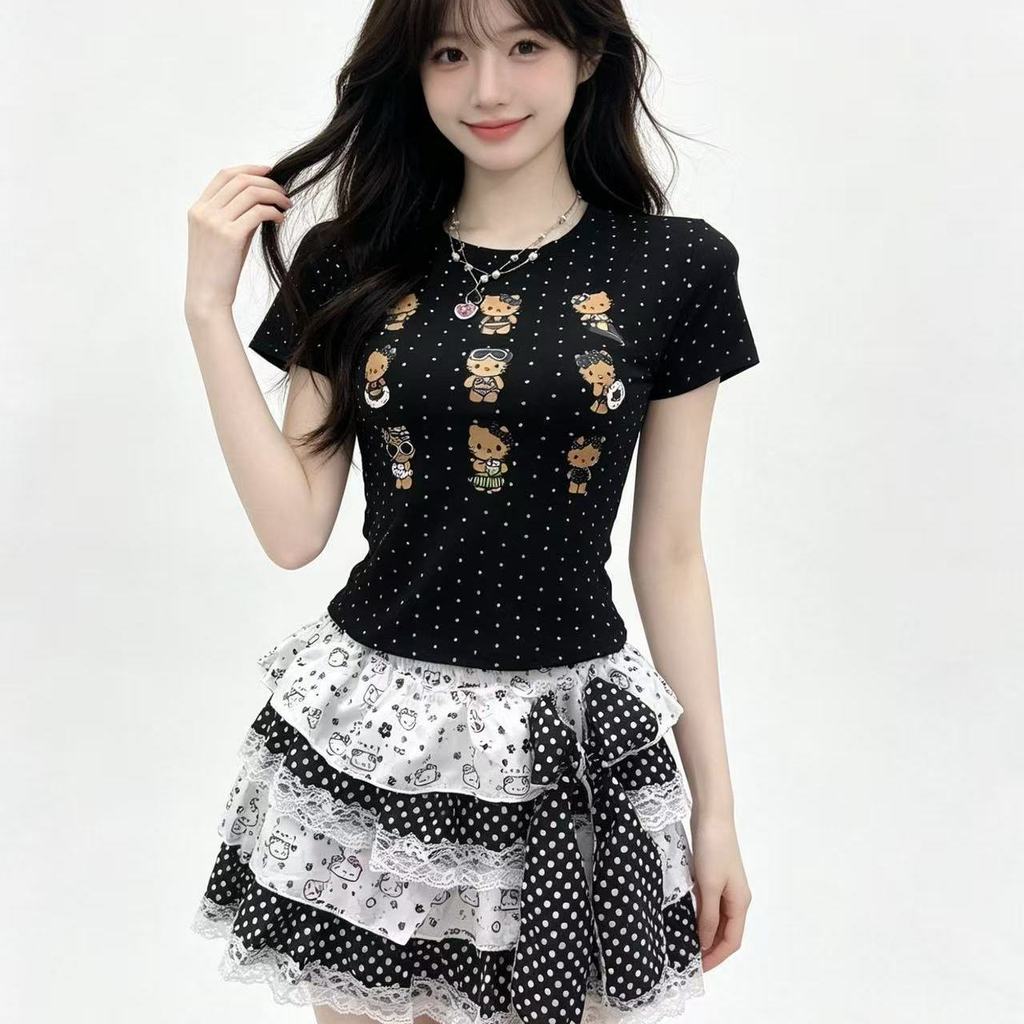 Dopamine y2k Black White Fluffy Little Hand New Style Shop Po Bear Sweet Bow Print Cake Dress XO3W