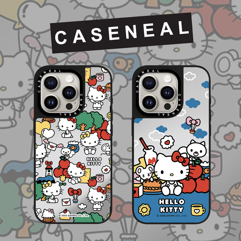 CASENEAL Graffiti การ์ตูนน่ารัก Kitty cat กระจกเคสโทรศัพท์สําหรับ iPhone 17 Pro Max 16 ProMax 15Pro 14 Plus 13 12 โทรศัพท์กันกระแทกขอบนุ่ม hard กรณีป้องกัน