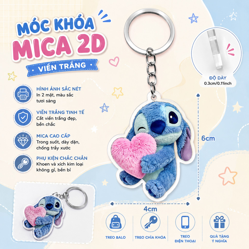 2D แบน Disney Stitch พวงกุญแจอะนิเมะอะคริลิค Lilo & Stitch ตุ๊กตากระเป๋าเป้สะพายหลังแขวนพวงกุญแจชายหญิง Key แหวนของเล่น