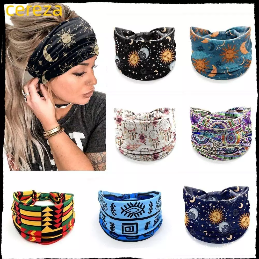 ผ้าโพกหัว CEREZA, ที่คาดผมลายดอกไม้วินเทจผูกปมกว้าง, Boho Elastic Wide Brim Soft Bandana Yoga