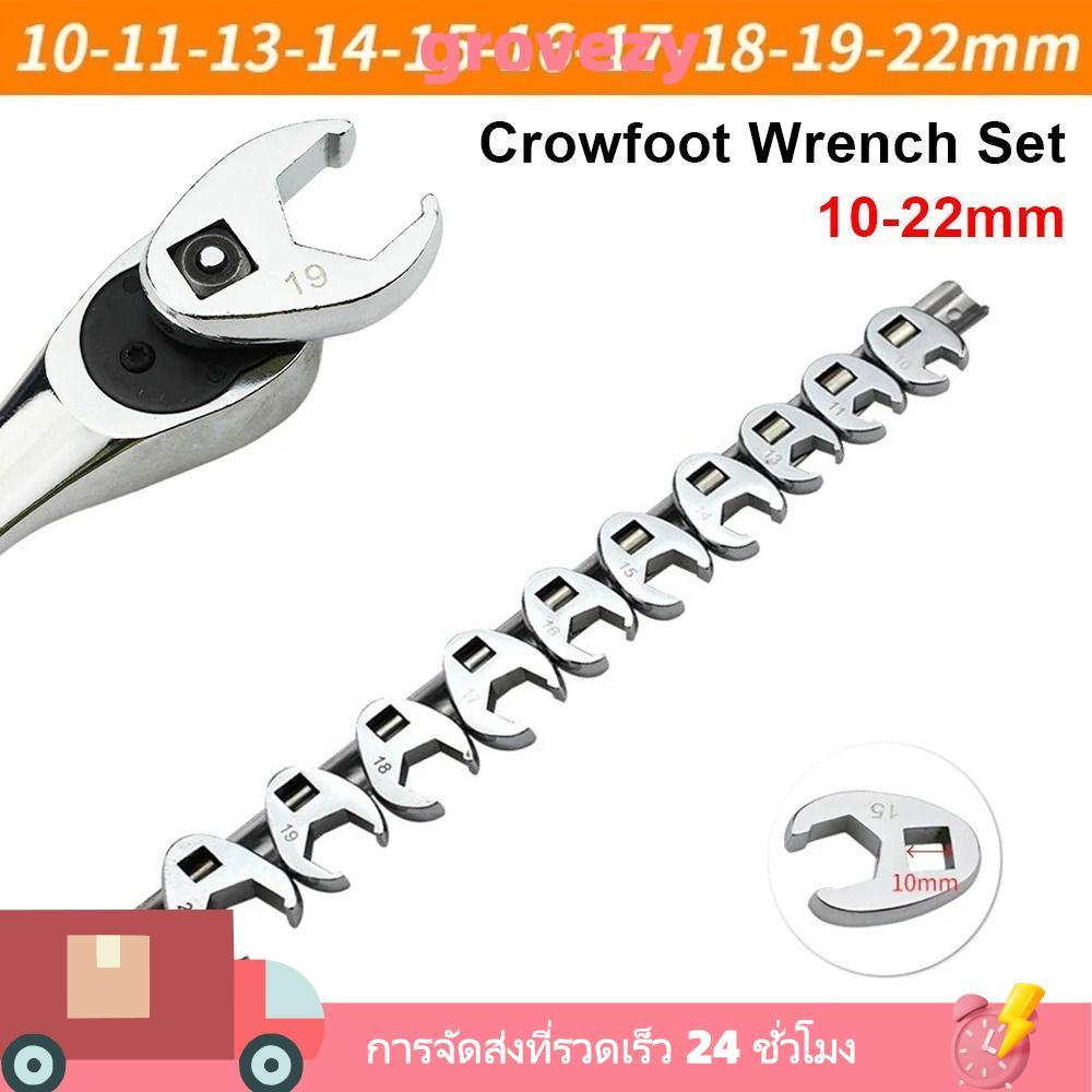 GROVEZY 10 ชิ้น/เซ็ตเปิด End Spanner, 10-22 มม.3/8 นิ้วไดรฟ์ Crowfoot ประแจ, เมตริกเท้าเหล็กคาร์บอน Horn ประแจเครื่องมืออุปกรณ์เสริม