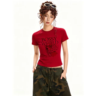 BOSSY เสื้อครอปท็อป แขนสั้น สไตล์เกาหลี พิมพ์ลายลูกสุนัขพร้อมแว่น ผ้าฝ้าย 100%#E+5474
