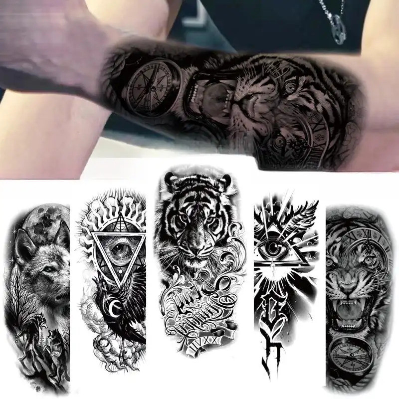 สติกเกอร์ลาย.Zero.Magic.Tattoo แบบหัวหมาป่าและคำข้อความ ทนน้ำ สำหรับตกแต่งแขนชั่วคราว