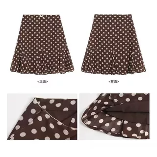 กระโปรงเอไลน์สั้นผู้หญิง ลายจุด PKA สีน้ำตาล แบบใหม่ trend ครอบคลุมทุกโอกาส