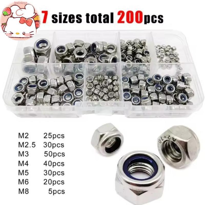 Tast 200 ชิ้น Hex ไนลอนแทรก Self Lo Nut Nylo Lonut Assortment ชุด M2 M2.5 M3 M4 M5 M6 M8 304 A2-70 ส