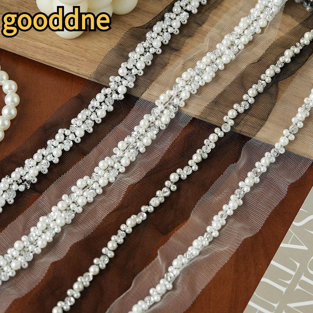 GOODDNE ลูกปัดมุก Trim, กว้าง 3.5/4 ซม.Rhinestone ลูกไม้ Trim ริบบิ้น,เสื้อผ้าตกแต่งลูกปัดมุก Applique ตัด DIY เย็บ