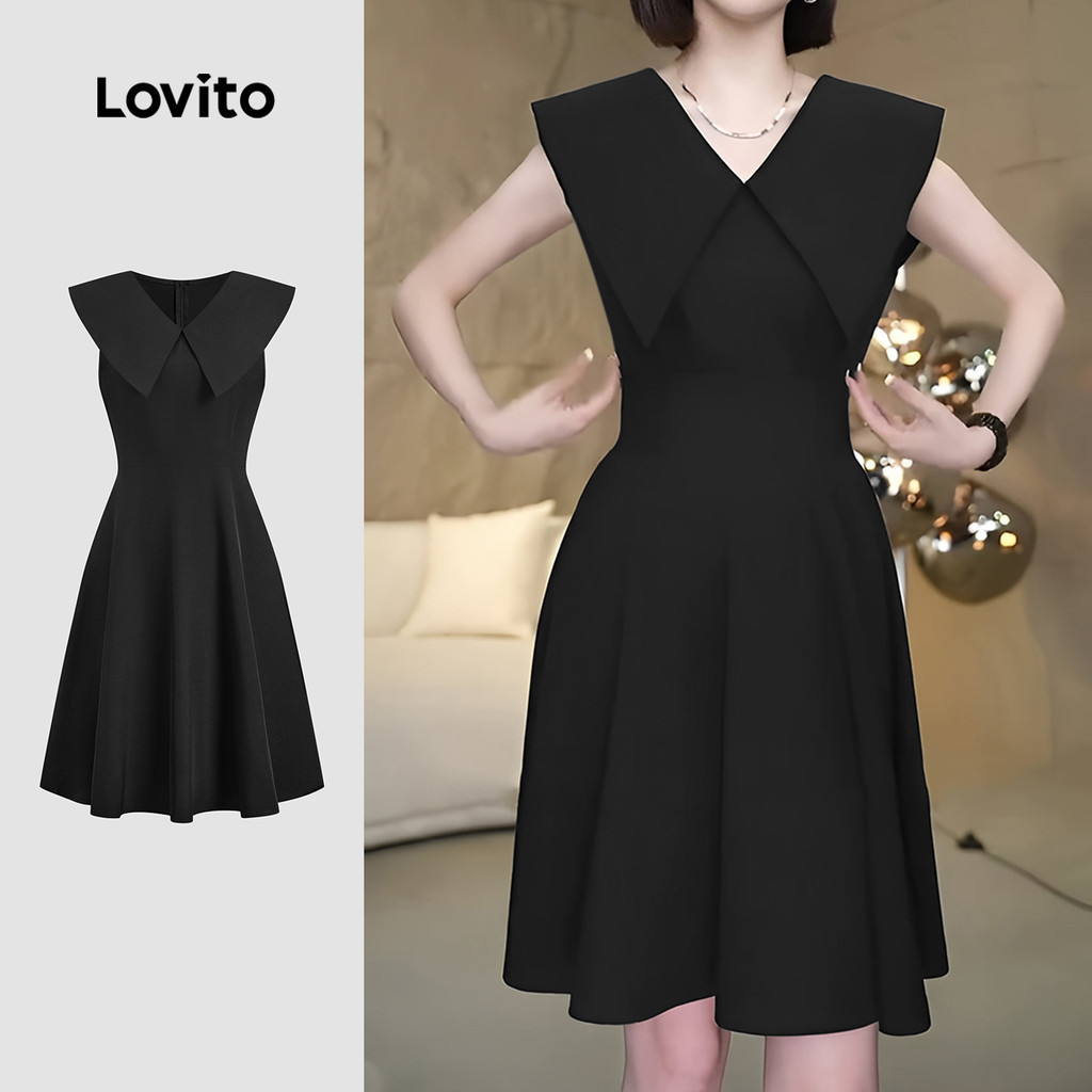 Lovito ชุดเดรสเรียบหรูสำหรับเดินทางไปทำงาน สไตล์วินเทจเบา ๆ สำหรับฤดูใบไม้ผลิ/ฤดูร้อน สีดำ สำหรับผู้หญิง L142ED205