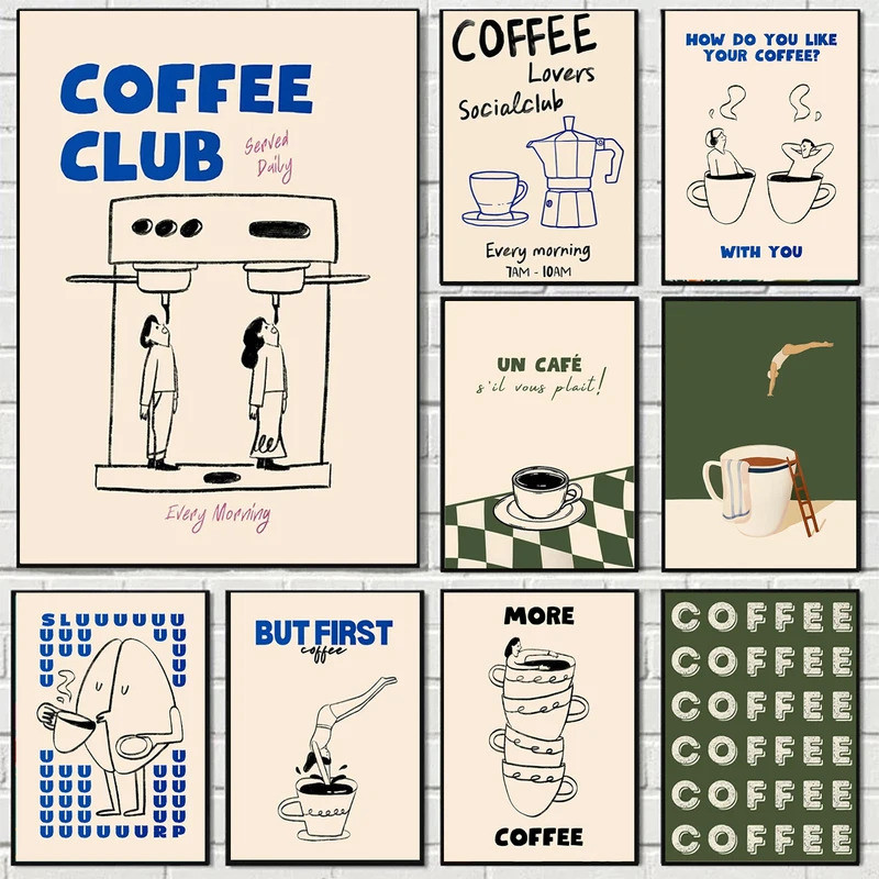 ตลกกาแฟ Club Diver บทคัดย่อผ้าใบพิมพ์โปสเตอร์ Modern Minimalism Art พิมพ์ห้องครัว Wall Art Home Decor Art โปสเตอร์