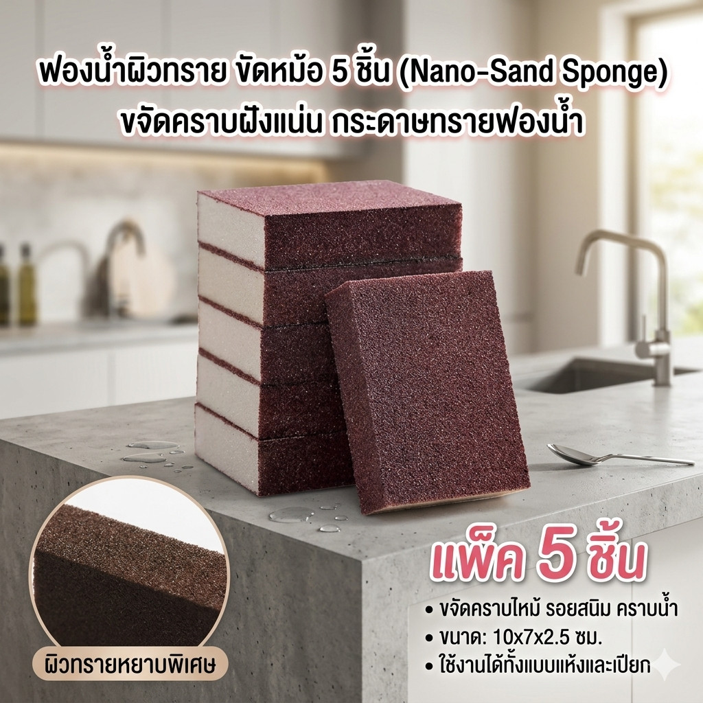 ฟองน้ำผิวทราย ขัดหม้อ 1แพ็คมี5ชิ้น ฟองน้ำดำ กระดาษทราย ฟองน้ำขัด ทำความสะอาดคราบฝังแน่น