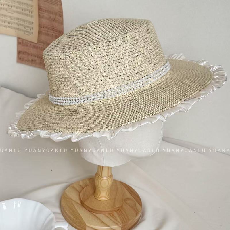Flow Pearl Flat Top Straw Hat Summer Straw Top Hat Travel Leisure Sun Hat