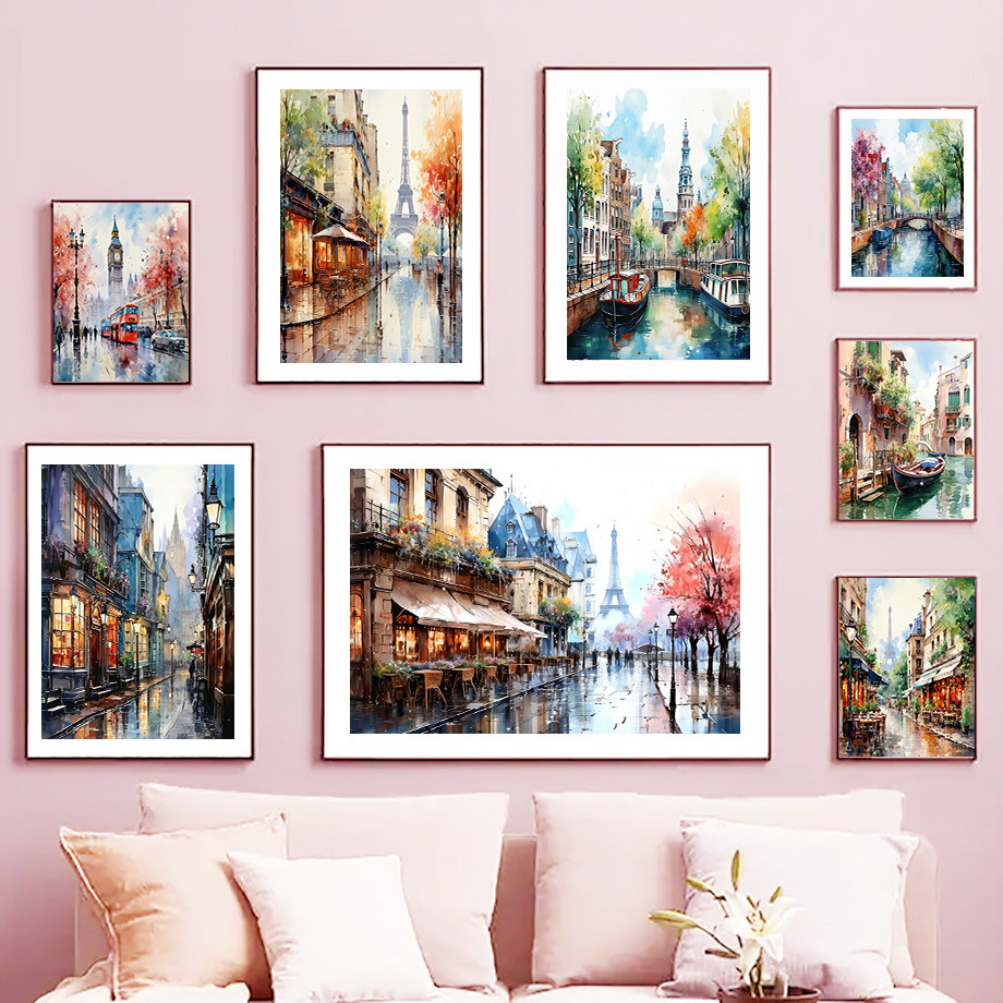 London Paris ยุโรปและอเมริกา City View กลับสู่โบราณแฟชั่น Wall Art ภาพวาดผ้าใบ Nordic โปสเตอร์ตกแต่งห้อง