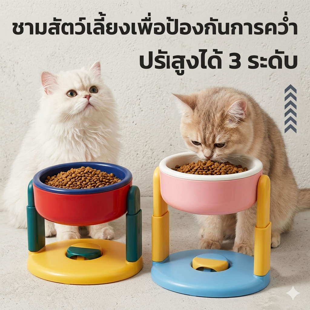 พร้อมส่งจากไทย ชามอาหารสัตว์เลี้ยง ชามอาหารหมาแมว PP ปรับความสูงได้ วัสดุ การออกแบบถ้วยดูดลื่น กินง่าย ไม่ทำร้ายคอ