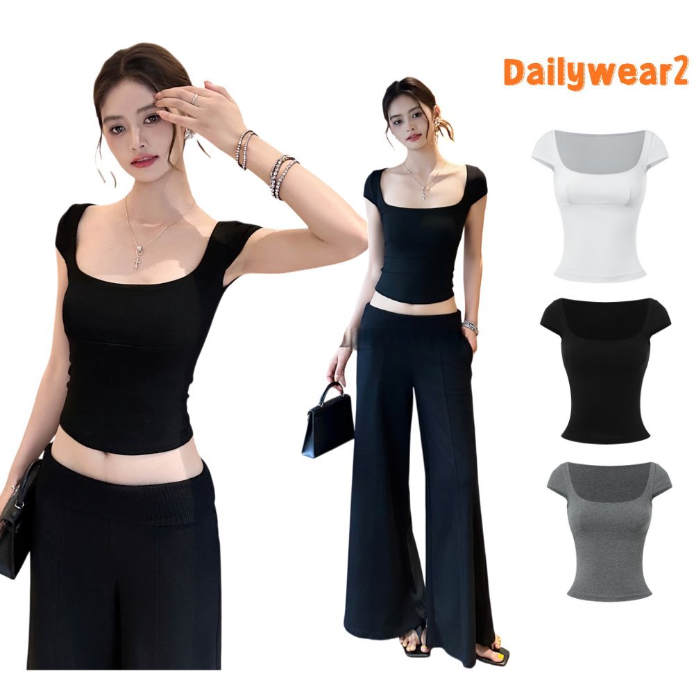 Dailywear พร้อมส่ง ✨   เสื้อยืดไหล่ทรงสลิมฟิตคอเหลี่ยมคอ U เล็กสำหรับผู้หญิง