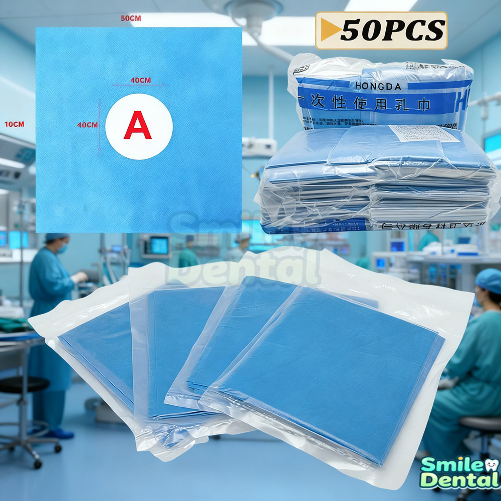 50 ชิ้น/แพ็ค ผ้าคลุมผ่าตัด ปลอดเชื้อ แผ่นมีรูสีน้ำเงิน ผ้ากันเปื้อนสำหรับทันตกรรม Surgical Operating Room Hole Towel