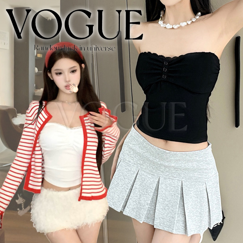 Vogue🌟พร้อมส่ง🌟 เสื้อเกาะอก ดีเทลแต่งกระดุมขอบลูกไม้ ผ้ายืดใส่สบาย มีฟองน้ำในตัว (FY5135)