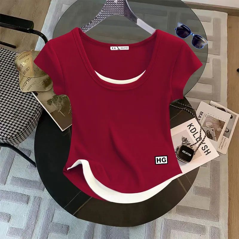 U-คอแขนสั้นเสื้อยืดผู้หญิง 95 ผ้าฝ้าย Slim-Fit Slimmer ดูปลอมสองชิ้นการออกแบบความรู้สึก Classy All-M