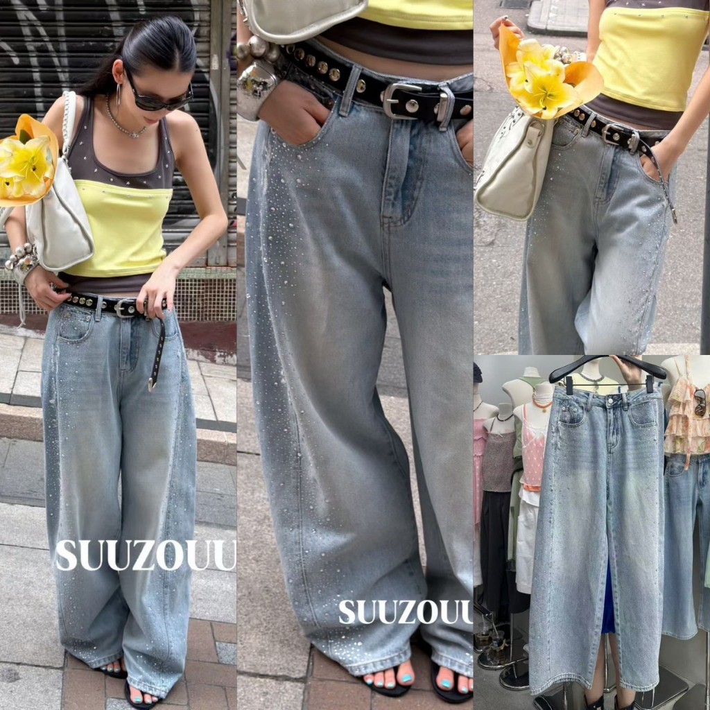 ❤ 🧵 🇰🇷 SU290 กางเกงยีนส์ขายาว ทรงขากระบอก แต่งอะไหล่เพชรด้านข้าง ของขาทั้งสอง แฟชั่นเกาหลี TAG MM Fish 🧡