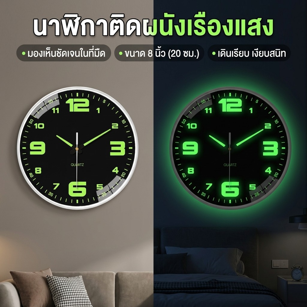 นาฬิกาเรืองแสง นาฬิกาแขวนไม้ 12นิ้ว 10นิ้ว นาฬิกาติดผนัง ทรงกลม เข็มเดินเรียบ เสียงเงียบ ประหยัดถ่าน ระบบ สมาร์ทโฮม