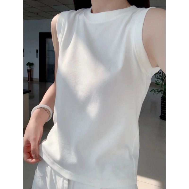 ผู้หญิงเสื้อกั๊กแขนกุดที่เรียบง่ายฤดูร้อนแฟชั่นรอบคอเสื้อยืดวันหยุดสบายๆด้านบน