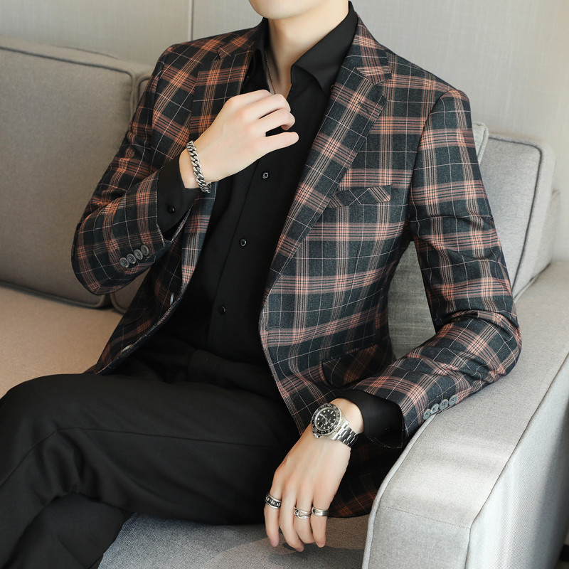Checked Blazer ผู้ชายเกาหลีรุ่น Slim-fit หล่อชุดลําลองเดี่ยวอินเทรนด์ฤดูใบไม้ผลิฤดูใบไม้ร่วง Plus ขน