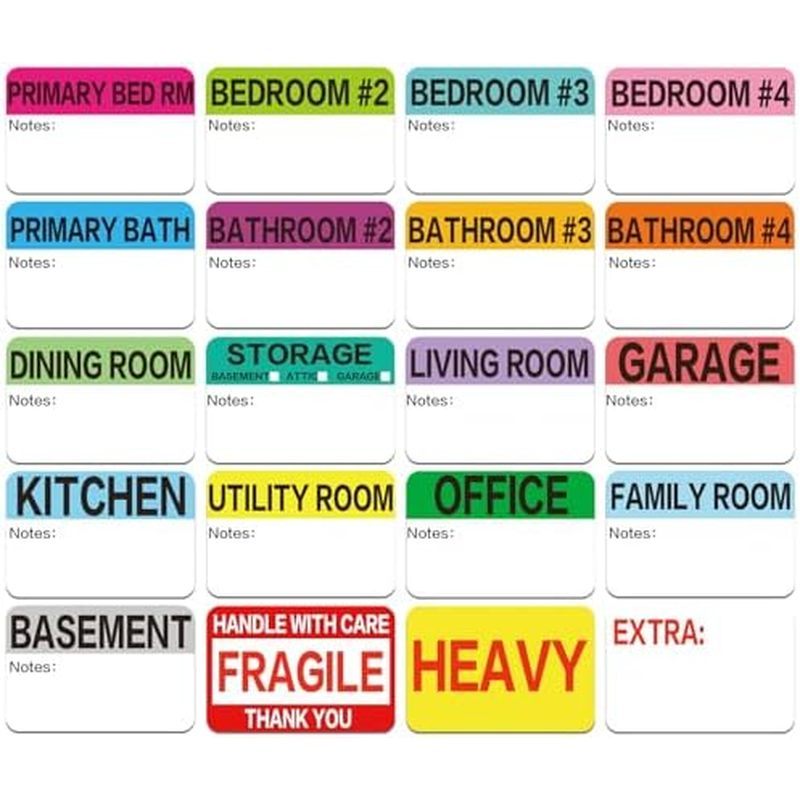 use with Writable Notes Areas, 17 Color Coded Moving Labels for Boxes + Fragile Moving Stickers + He