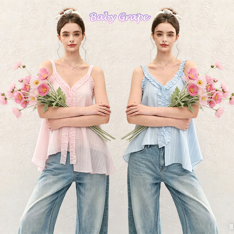 BG✨พร้อมส่ง！เสื้อกล้ามคอวีสไตล์ฝรั่งเศสเสื้อชิฟฟอนเปิดไหล่ บางเบาใส่สบายมากสไตล์หวานอ่อนโยน ใส่แล้วดูน่ารักมากค่ะ #99412