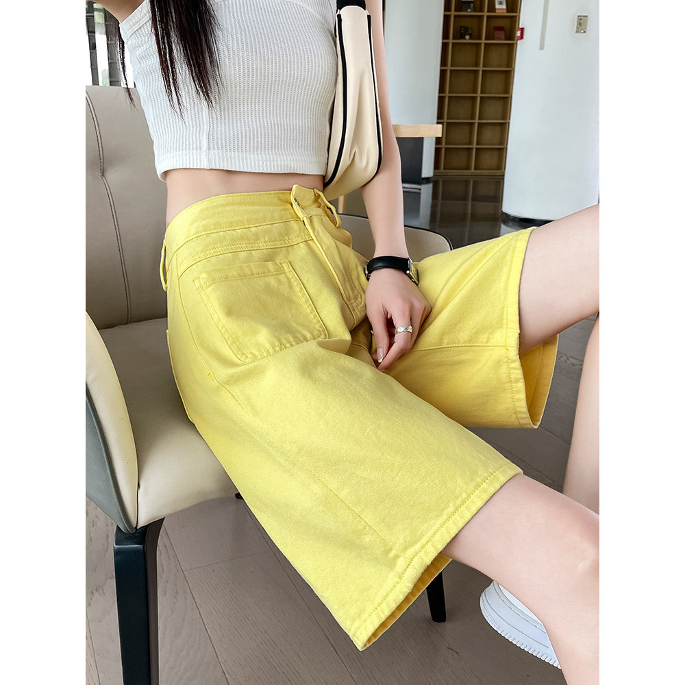 cicishop1 กางเกงขาสั้นสบาย Korean shorts กางเกงขาสั้นผ้ายีนส์ห้าจุดผู้หญิงฤดูร้อนบางเอวสูงSlimmerดูD