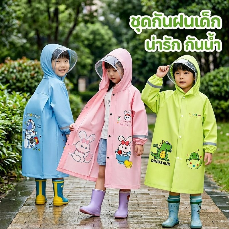 เสื้อกันฝนเด็ก กันน้ำ ระบายอากาศ ลายการ์ตูน แถบสะท้อนแสง พับเก็บง่าย ไปโรงเรียน กลางแจ้ง