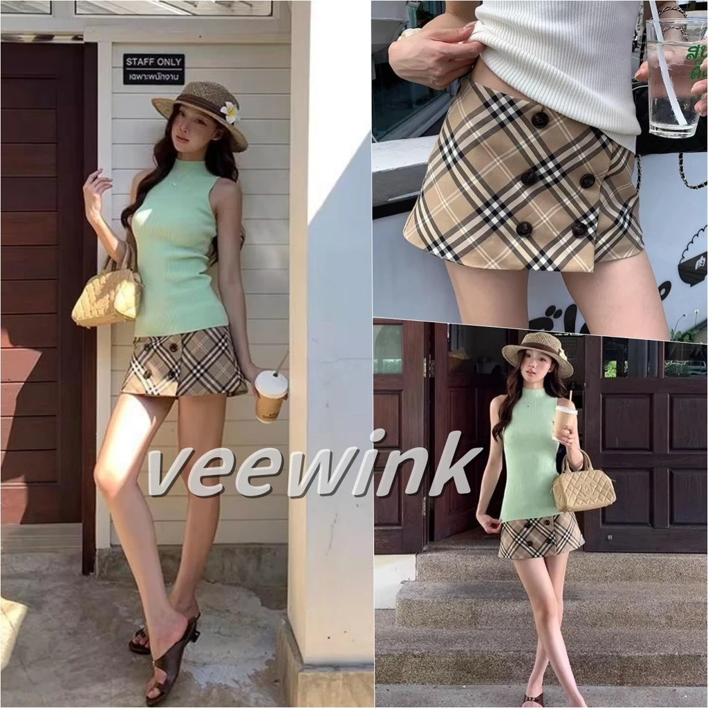 Veewink Mini skirt กระโปรงสั้นลายสก็อต การตกแต่งด้วยกระดุม ซิปข้าง กระดุม มีซับใน เอวสูง ใส่แล้วเรียว ดีไซน์เก๋