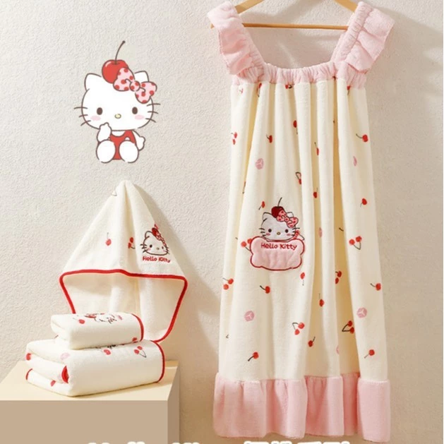Hello Kitty Cherry Series ชุดเดรสอาบน้ําขนแกะปะการังสามารถสวมใส่สามารถห่อน้ําดูดซับน้ําแห้งเร็วเสื้อคลุมอาบน้ําสไตล์เจ้าหญิงน่ารัก