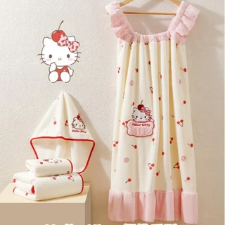Hello Kitty Cherry Series ชุดเดรสอาบน้ําขนแกะปะการังสามารถสวมใส่สามารถห่อน้ําดูดซับน้ําแห้งเร็วเสื้อคลุมอาบน้ําสไตล์เจ้าหญิงน่ารัก