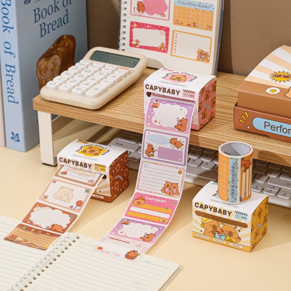 โพสต์อิท PET ใสลายคาปิบาระ 50 แผ่น/ม้วน เขียนได้ ฉีกใช้ง่าย กาวในตัว สำหรับ Planner Journal โรงเรียน ออฟฟิศ
